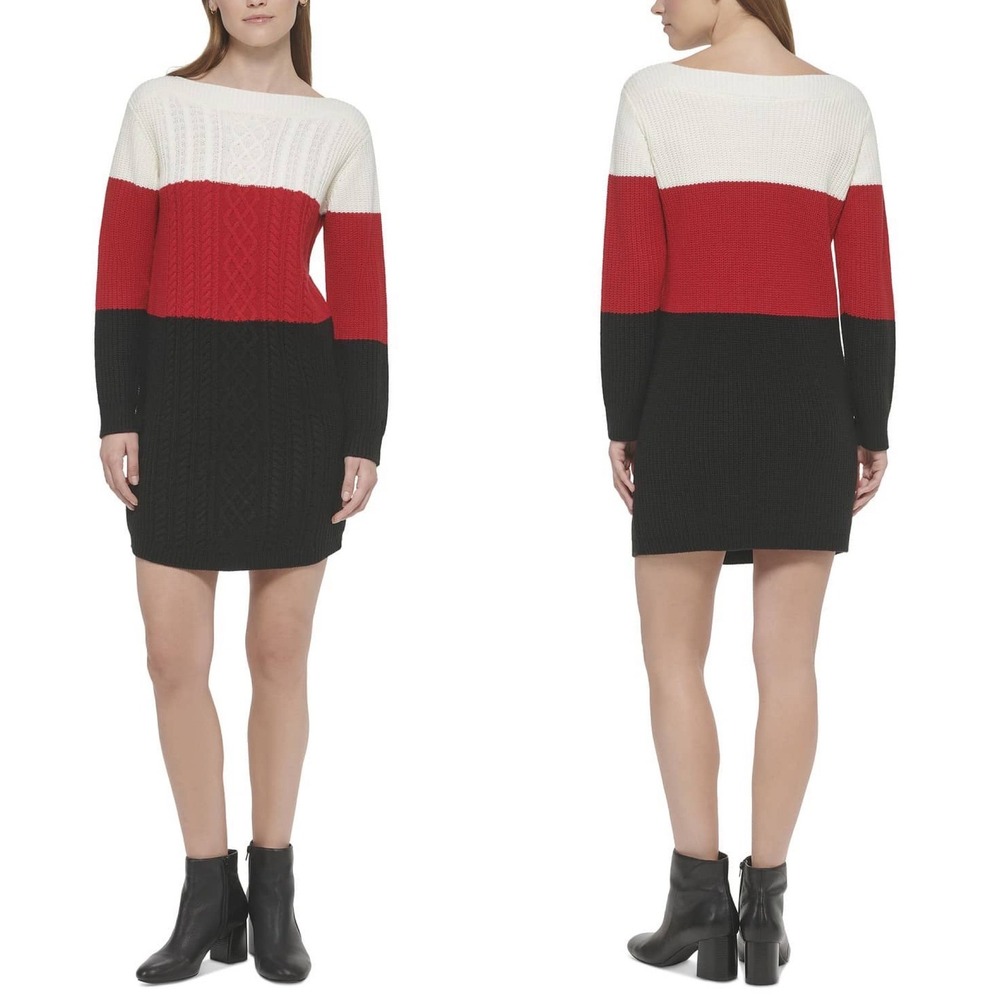 Tommy Hilfiger Sweater Dress Color-blocked Sz XL Women Black Red White Boat Neck